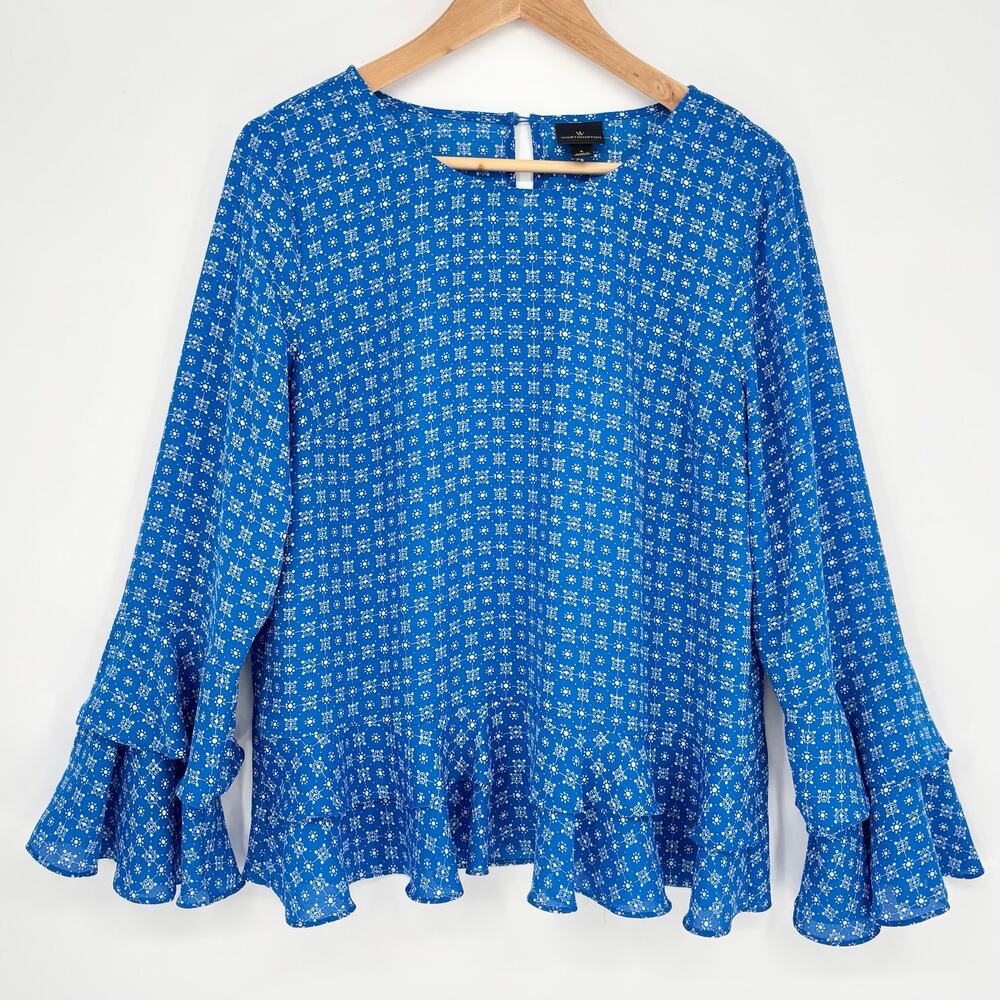 Worthington Blue White Boho Geometric Ruffle Sleeve Top Size L